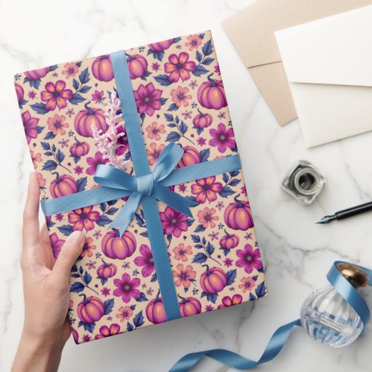 秋かぼちゃと花秋の花の模様 ラッピングペーパー (ギフト)
