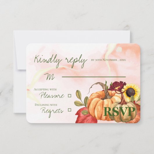 秋かぼちゃひまわりカワイイ秋の結婚式 出欠カード (正面)