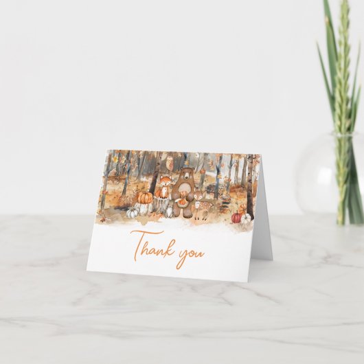 秋かぼちゃウッドランド動物のベビーシャワー サンキューカード (正面)