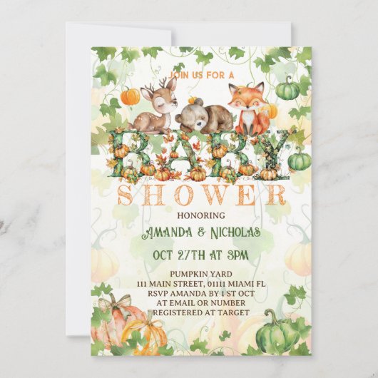 秋かぼちゃウッドランド動物のベビーシャワー 招待状 (正面)