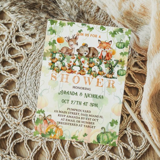 秋かぼちゃウッドランド動物のベビーシャワー 招待状