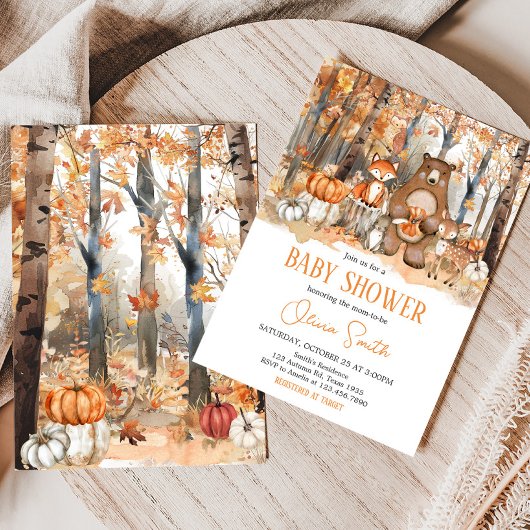 秋かぼちゃウッドランド動物のベビーシャワー 招待状