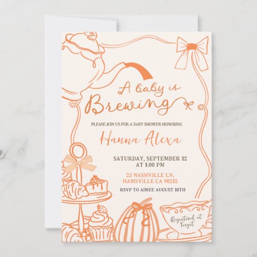 秋かぼちゃオレンジの落書き手描きティーシャワー 招待状 (正面)