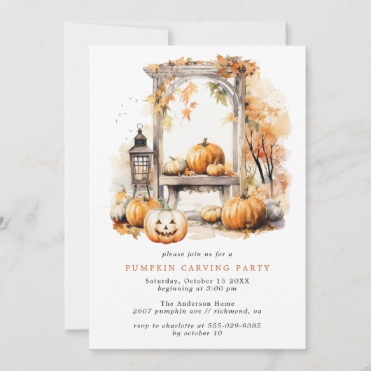 秋かぼちゃ彫刻 |ファミリーキッズハローウィンパーティ 招待状 (正面)