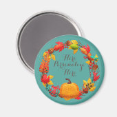 秋かぼちゃ秋葉鳥リースティール（緑がかった色）オレンジ マグネット (正面/裏面)