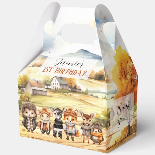 秋かわいいウッドランド動物誕生日大切妻 フェイバーボックス (裏面)