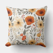 秋かわいいオレンジの花柄ホワイト クッション (正面)