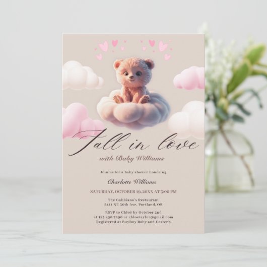 秋かわいいクマ雲の女の子ベビーシャワー 招待状 (スタンド正面)
