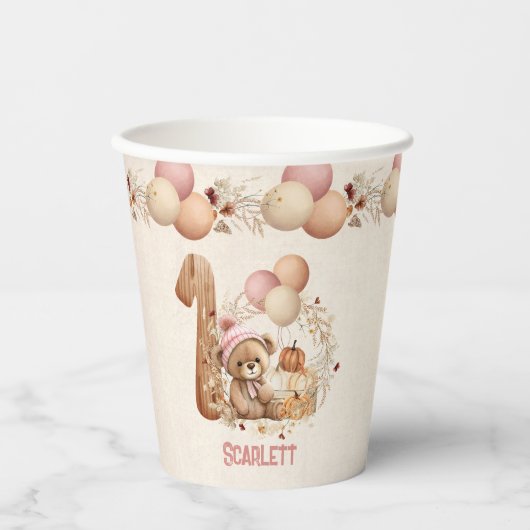 秋かわいいクマBeary 1stバースデーガール紙カップ 紙コップ (正面)