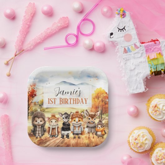 秋かわいい動物1st誕生日紙プレート ペーパープレート (パーティー)