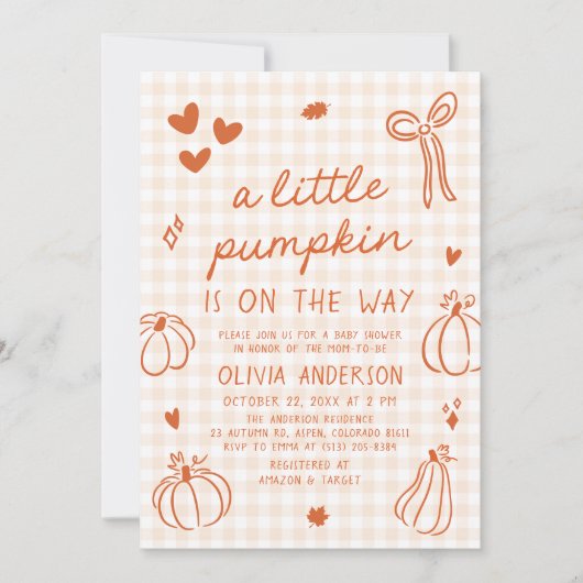 秋かわいい手カボチャ小さな赤ちゃんシャワーを描画 招待状 (正面)