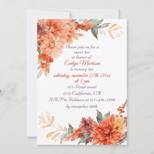 秋かわいい格言紅葉誕生日 招待状 (正面)