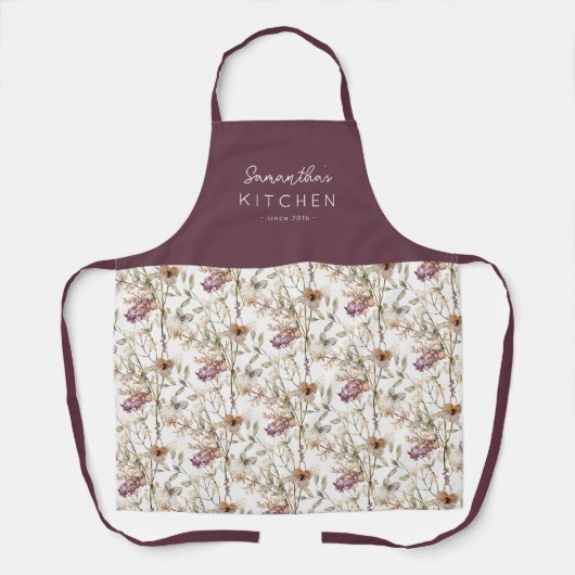 秋かわいらしの野草模様 |名前 エプロン (正面)