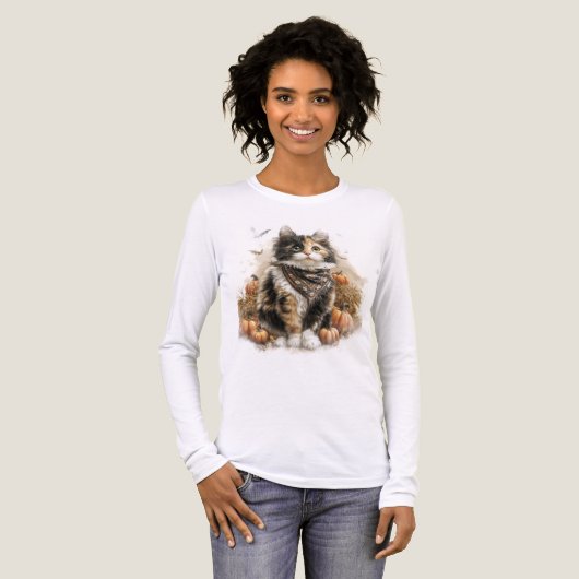 秋かわいらしをテーマにしたカボチャ付き三毛猫 トライブレンドTシャツ (正面全体)