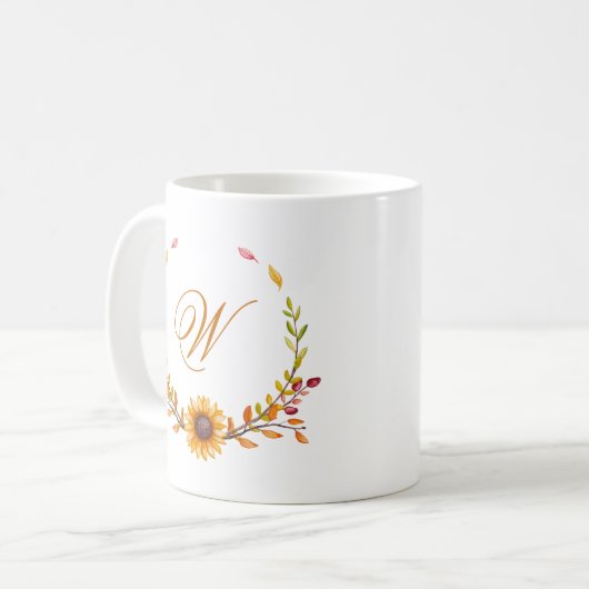 秋かわいらしイエローサンフラワーブーケモノグラム コーヒーマグカップ (正面左)