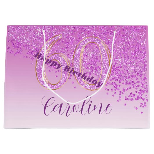 秋かわいらしピンクグリッター60誕生日 ラージペーパーバッグ (正面)