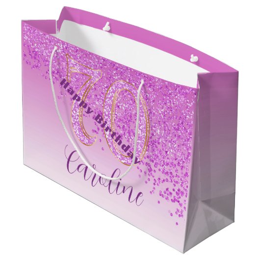 秋かわいらしピンクグリッター70誕生日 ラージペーパーバッグ (裏面アングル)