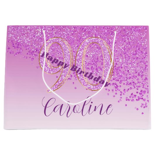 秋かわいらしピンクグリッター90誕生日 ラージペーパーバッグ (正面)