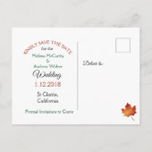 秋かわいらし紅葉結婚式日付の保存 案内ポストカード (裏面)