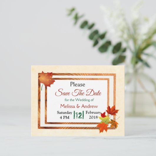 秋かわいらし紅葉結婚式日付の保存 案内ポストカード
