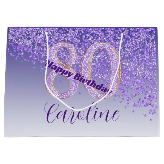 秋かわいらし紫グリッター80誕生日 ラージペーパーバッグ (正面)