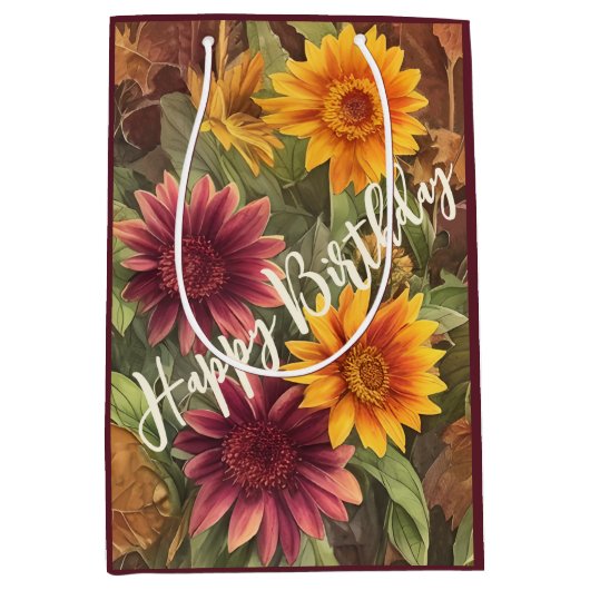 秋かわいらし花フローラ秋誕生日 ミディアムペーパーバッグ (正面)