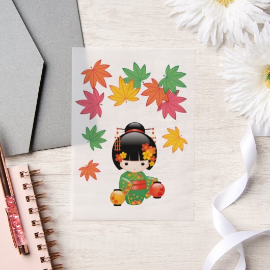 秋こけし人形緑の着物芸者ガールインサート ベラム紙招待状 (ウェディング)