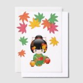 秋こけし人形緑の着物芸者ガールインサート ベラム紙招待状 (オフセット)