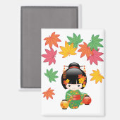 秋こけし人形緑の着物芸者ガール マグネット (正面/裏面)