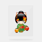 秋こけし人形 – 緑の着物芸者ガール アクリルサイン (正面)