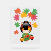 秋こけし人形 – 緑の着物芸者ガール アクリルサイン (正面)