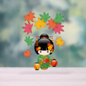 秋こけし人形 – 緑の着物芸者ガール アクリルサイン (ニュートラル)