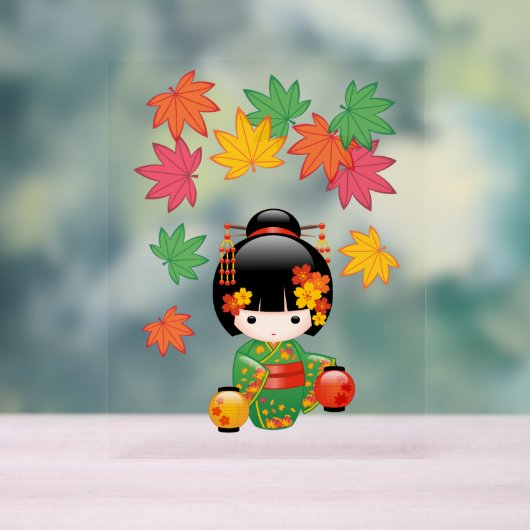 秋こけし人形 – 緑の着物芸者ガール アクリルサイン (ニュートラル)