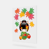 秋こけし人形 – 緑の着物芸者ガール アクリルサイン (傾斜)