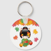 秋こけし人形 – 緑の着物芸者ガール キーホルダー (正面)