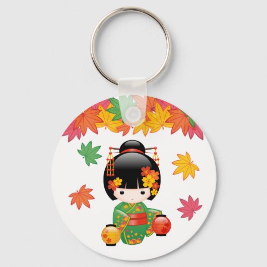 秋こけし人形 – 緑の着物芸者ガール キーホルダー (正面)