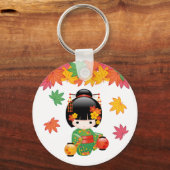 秋こけし人形 – 緑の着物芸者ガール キーホルダー (正面)