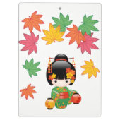 秋こけし人形 – 緑の着物芸者ガール クリップボード (裏面)