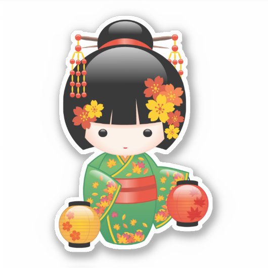 秋こけし人形 – 緑の着物芸者ガール シール (正面)