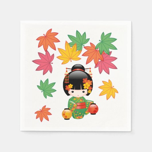 秋こけし人形 – 緑の着物芸者ガール スタンダードカクテルナプキン (正面)