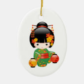 秋こけし人形 – 緑の着物芸者ガール セラミックオーナメント (正面)