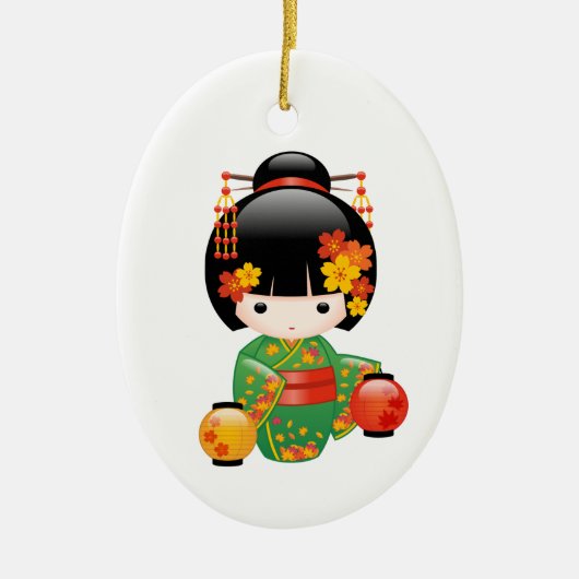 秋こけし人形 – 緑の着物芸者ガール セラミックオーナメント (正面)