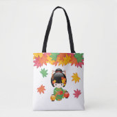 秋こけし人形 – 緑の着物芸者ガール トートバッグ (正面)