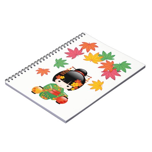 秋こけし人形 – 緑の着物芸者ガール ノートブック (左側)