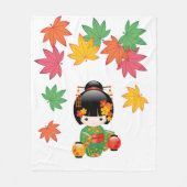 秋こけし人形 – 緑の着物芸者ガール フリースブランケット (正面)