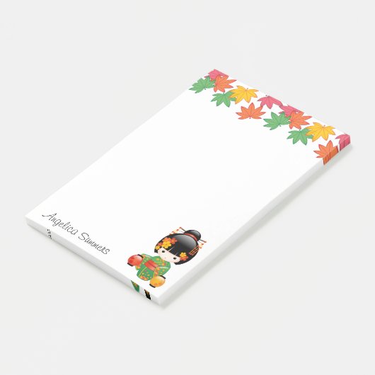 秋こけし人形 – 緑の着物芸者ガール ポストイット (アングル)