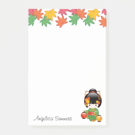 秋こけし人形 – 緑の着物芸者ガール ポストイット (正面)