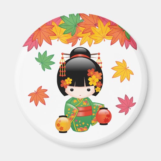 秋こけし人形 – 緑の着物芸者ガール マグネット (正面)