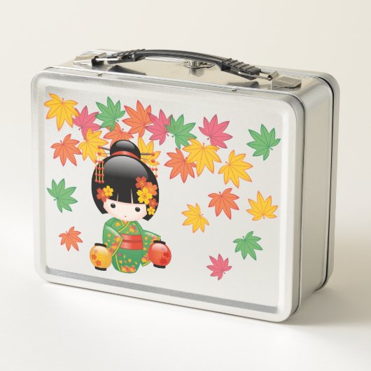 秋こけし人形 – 緑の着物芸者ガール メタルランチボックス (裏面)