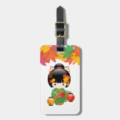 秋こけし人形 – 緑の着物芸者ガール ラゲッジタグ (正面縦)